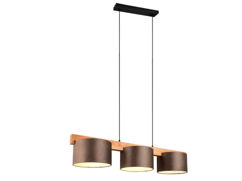 Pendelleuchte LANAT Holzbalken 3-flammig mit Samtschirmen Braun, Breite 100cm