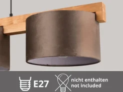 Pendelleuchte LANAT Holzbalken 3-flammig mit Samtschirmen Braun, Breite 100cm