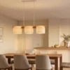 Pendelleuchte LANAT Holzbalken 3-flammig mit Stoffschirmen Beige, Breite 100cm
