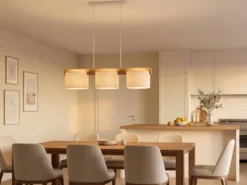 Pendelleuchte LANAT Holzbalken 3-flammig mit Stoffschirmen Beige, Breite 100cm