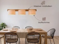 Pendelleuchte LANAT Holzbalken 3-flammig mit Stoffschirmen Beige, Breite 100cm