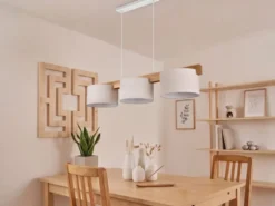 Pendelleuchte LANAT Holzbalken 3-flammig mit Stoffschirmen Beige, Breite 100cm