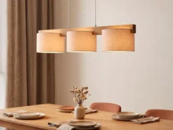Pendelleuchte LANAT Holzbalken 3-flammig mit Stoffschirmen Beige, Breite 100cm