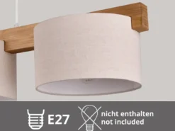 Pendelleuchte LANAT Holzbalken 3-flammig mit Stoffschirmen Beige, Breite 100cm