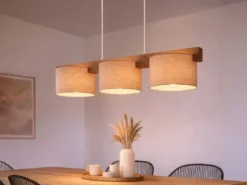Pendelleuchte LANAT Holzbalken 3-flammig mit Stoffschirmen Beige, Breite 100cm