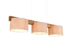 Pendelleuchte LANAT Holzbalken 3-flammig mit Stoffschirmen Beige, Breite 100cm