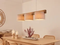 Pendelleuchte LANAT Holzbalken 3-flammig mit Stoffschirmen Beige, Breite 100cm