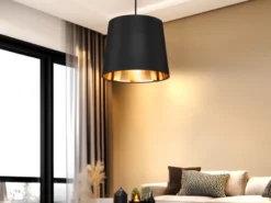 Pendelleuchte LAUREA 1-flammig mit Stoff-Schirm Schwarz Gold, Ø 30cm