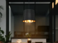Pendelleuchte LAUREA 1-flammig mit Stoff-Schirm Schwarz Gold, Ø 30cm