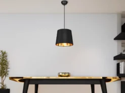Pendelleuchte LAUREA 1-flammig mit Stoff-Schirm Schwarz Gold, Ø 30cm