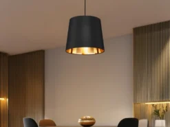 Pendelleuchte LAUREA 1-flammig mit Stoff-Schirm Schwarz Gold, Ø 30cm