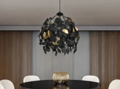 Pendelleuchte LEAVY mit Blätter Lampenschirm in Schwarz Gold, Ø 38cm