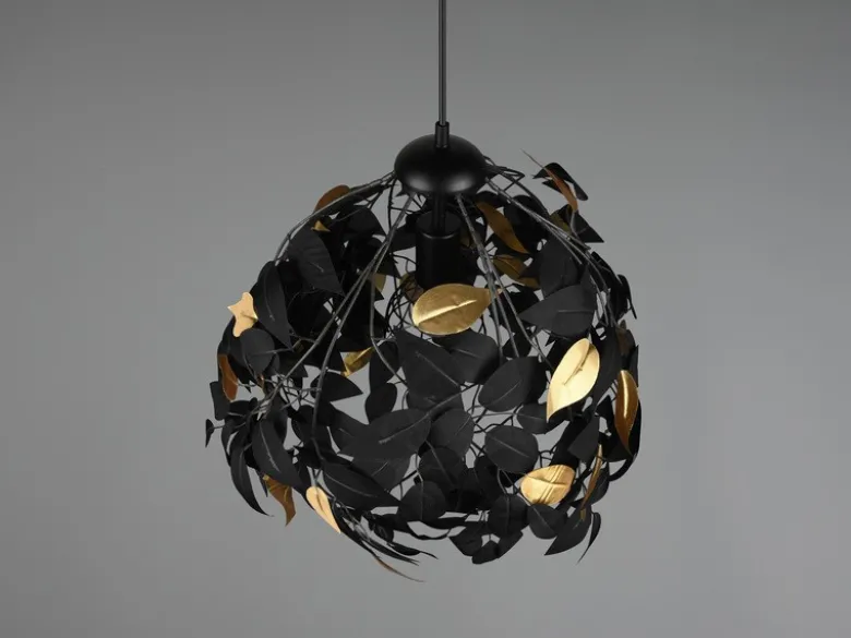 Pendelleuchte LEAVY mit Blätter Lampenschirm in Schwarz Gold, Ø 38cm
