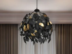 Pendelleuchte LEAVY mit Blätter Lampenschirm in Schwarz Gold, Ø 38cm