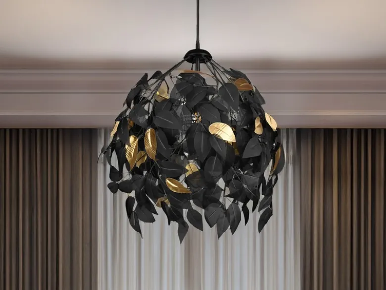 Pendelleuchte LEAVY mit Blätter Lampenschirm in Schwarz Gold, Ø 38cm