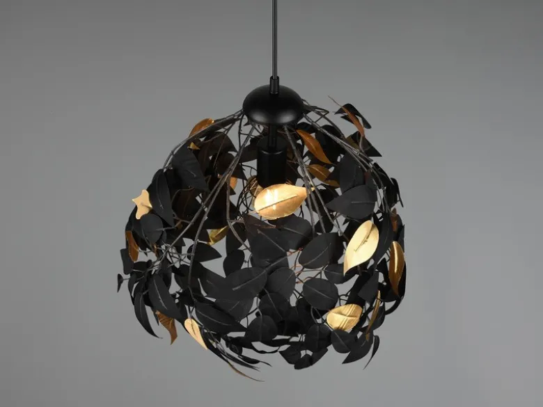 Pendelleuchte LEAVY mit Blätter Lampenschirm in Schwarz Gold, Ø 38cm
