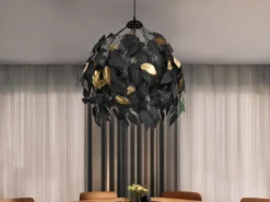 Pendelleuchte LEAVY mit Blätter Lampenschirm in Schwarz Gold, Ø 38cm