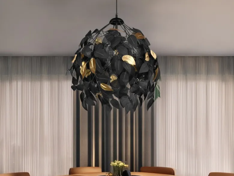 Pendelleuchte LEAVY mit Blätter Lampenschirm in Schwarz Gold, Ø 38cm