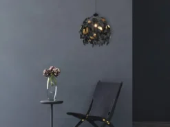 Pendelleuchte LEAVY mit Blätter Lampenschirm in Schwarz Gold, Ø 38cm
