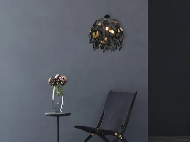 Pendelleuchte LEAVY mit Blätter Lampenschirm in Schwarz Gold, Ø 38cm