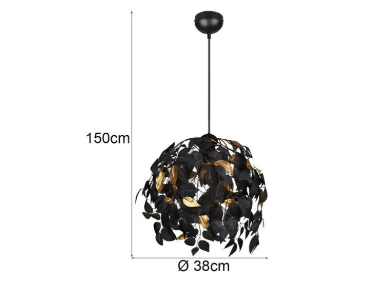 Pendelleuchte LEAVY mit Blätter Lampenschirm in Schwarz Gold, Ø 38cm
