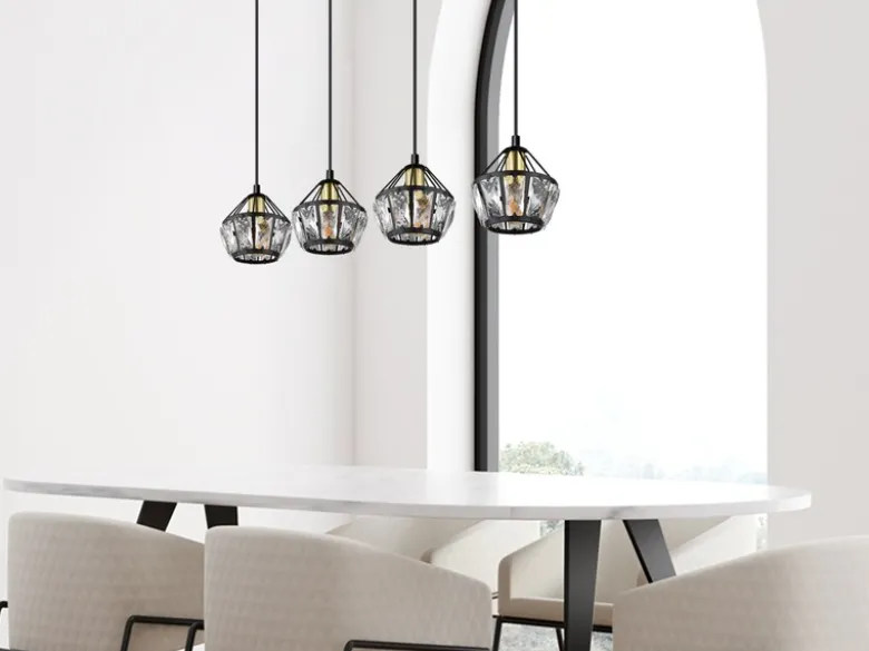 Pendelleuchte LOIS 4-flammig Metall Schwarz Gold mit Glaskristallen, Breite 73cm