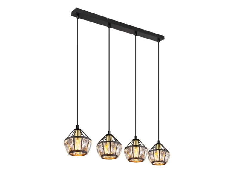 Pendelleuchte LOIS 4-flammig Metall Schwarz Gold mit Glaskristallen, Breite 73cm