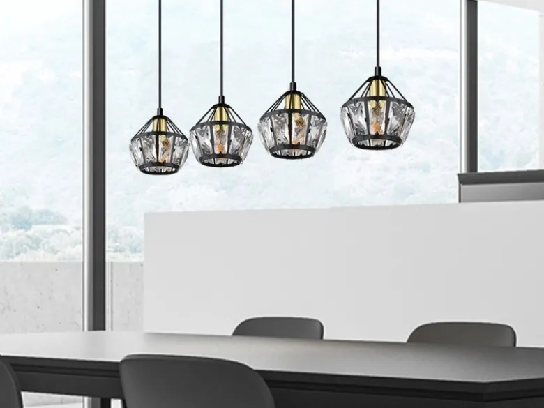 Pendelleuchte LOIS 4-flammig Metall Schwarz Gold mit Glaskristallen, Breite 73cm
