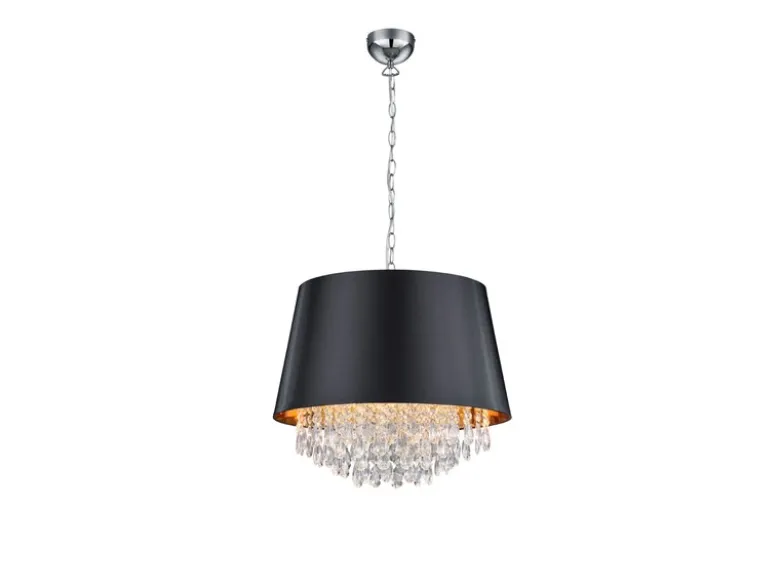 Pendelleuchte LORELEY mit Stoffschirm Schwarz Gold & Kristall, Ø 50cm