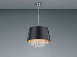 Pendelleuchte LORELEY mit Stoffschirm Schwarz Gold & Kristall, Ø 50cm