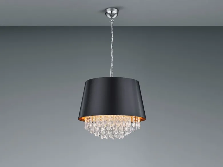 Pendelleuchte LORELEY mit Stoffschirm Schwarz Gold & Kristall, Ø 50cm
