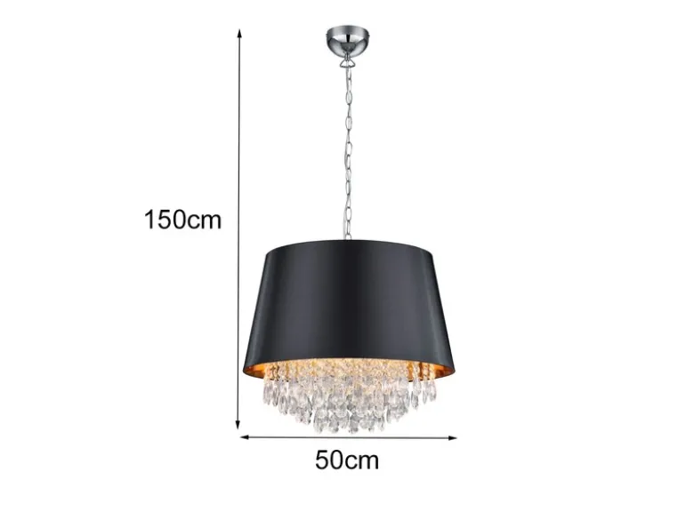 Pendelleuchte LORELEY mit Stoffschirm Schwarz Gold & Kristall, Ø 50cm
