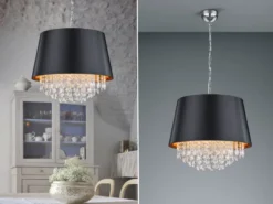 Pendelleuchte LORELEY mit Stoffschirm Schwarz Gold & Kristall, Ø 50cm