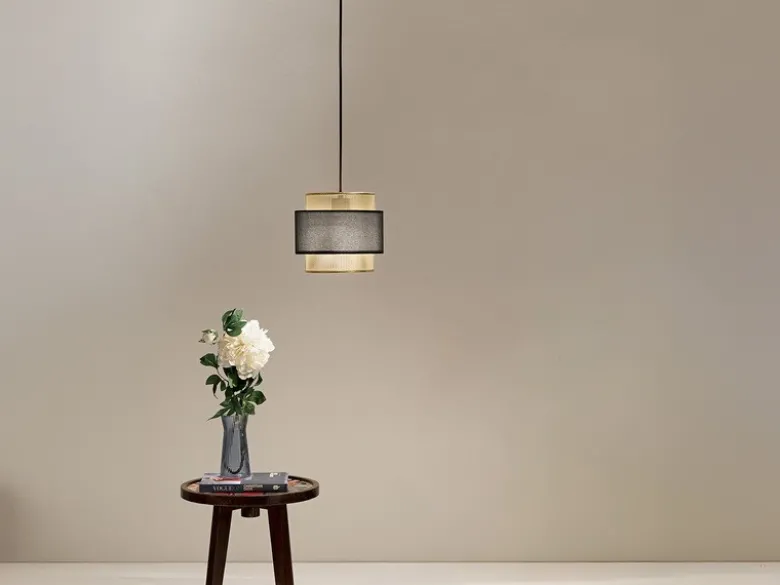 Pendelleuchte LOUNGE einflammig, Metall Gold mit Stoffblende Schwarz, Ø 21cm