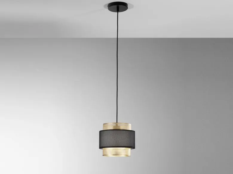 Pendelleuchte LOUNGE einflammig, Metall Gold mit Stoffblende Schwarz, Ø 21cm