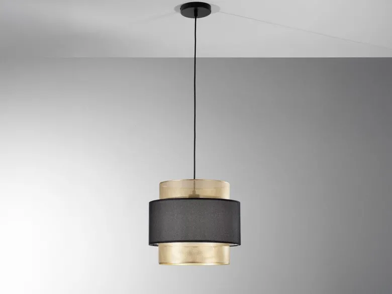 Pendelleuchte LOUNGE einflammig, Metall Gold mit Stoffblende Schwarz, Ø 35cm