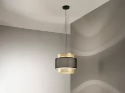 Pendelleuchte LOUNGE einflammig, Metall Gold mit Stoffblende Schwarz, Ø 35cm