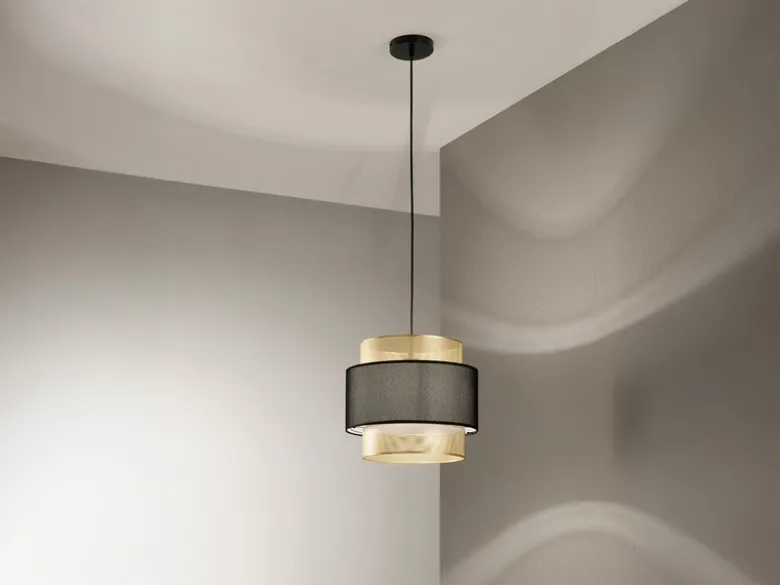 Pendelleuchte LOUNGE einflammig, Metall Gold mit Stoffblende Schwarz, Ø 35cm