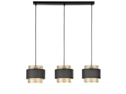 Pendelleuchte LOUNGE 3-flammig, Metall Gold mit Stoffblende Schwarz, Breite 85cm