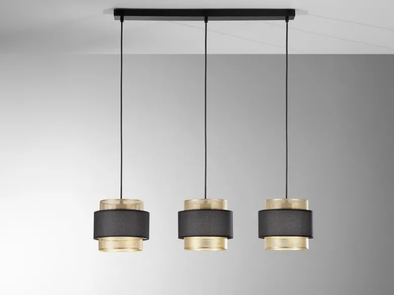 Pendelleuchte LOUNGE 3-flammig, Metall Gold mit Stoffblende Schwarz, Breite 85cm