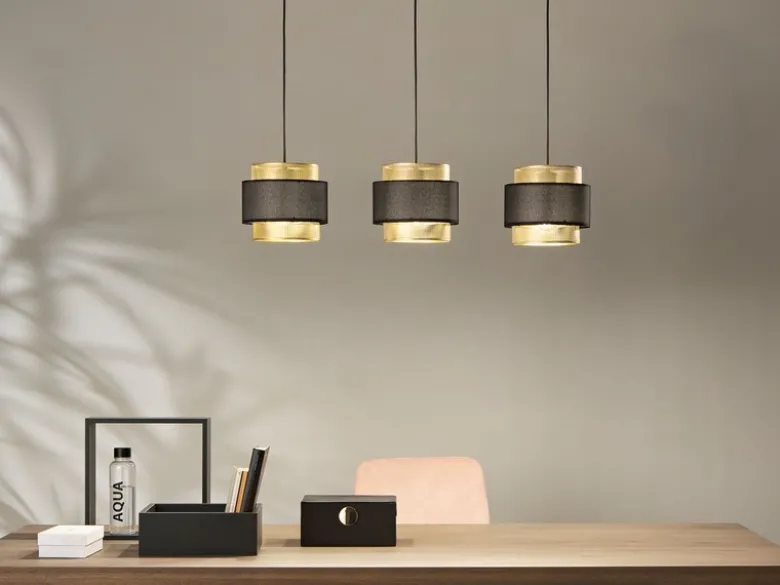 Pendelleuchte LOUNGE 3-flammig, Metall Gold mit Stoffblende Schwarz, Breite 85cm