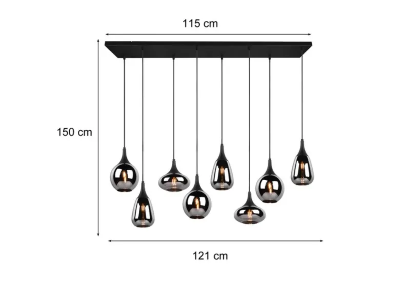 Pendelleuchte LUMINA 8 flammig Glas Chrom verspiegelt & Rauchglas Optik, B:121cm