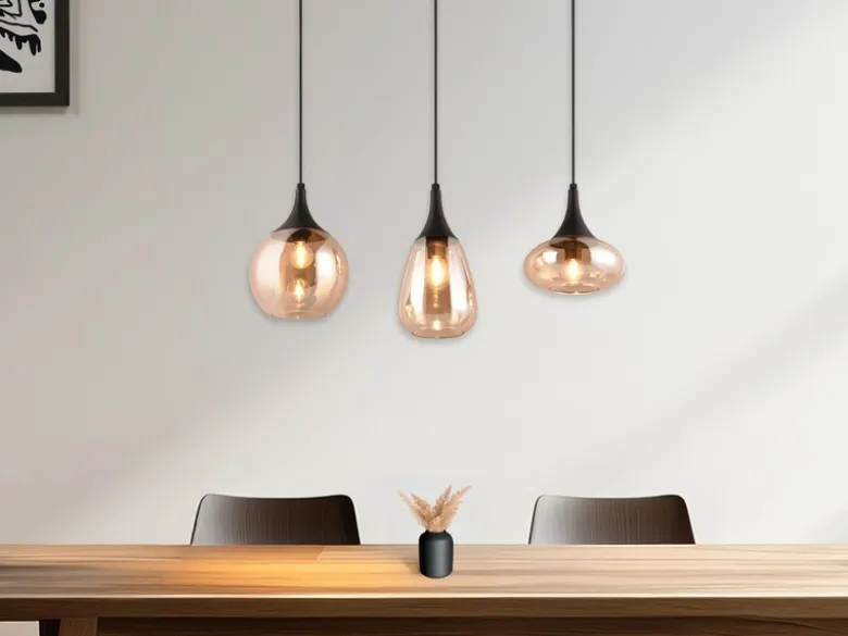 Pendelleuchte LUMINA 3-flammig, Glas Lampenschirme amberfarbig, Breite 70cm