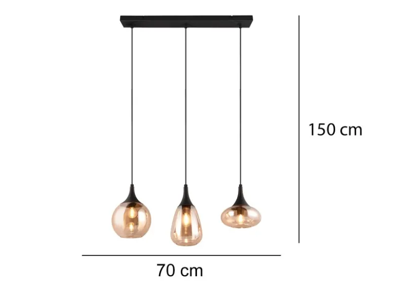 Pendelleuchte LUMINA 3-flammig, Glas Lampenschirme amberfarbig, Breite 70cm
