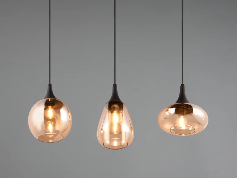 Pendelleuchte LUMINA 3-flammig, Glas Lampenschirme amberfarbig, Breite 70cm