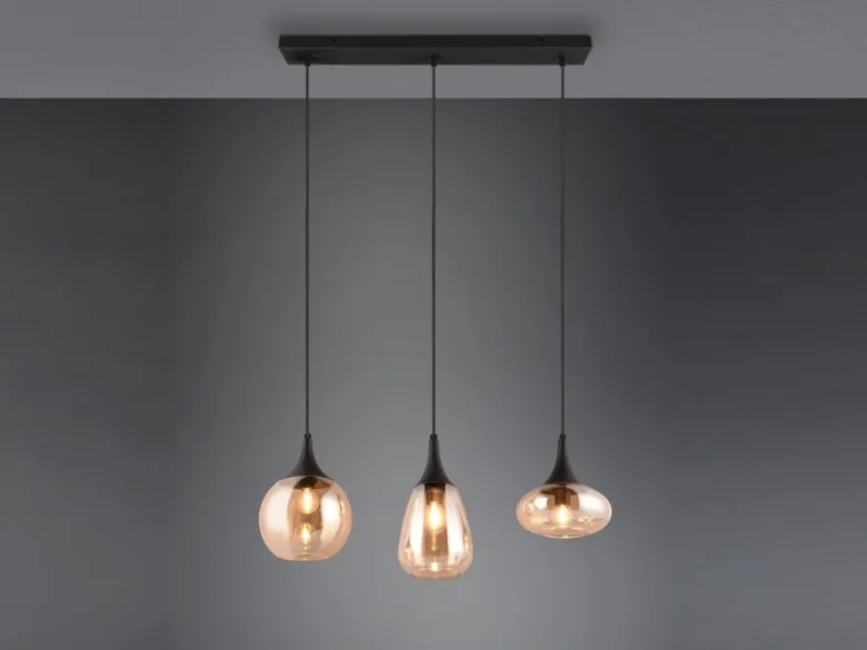 Pendelleuchte LUMINA 3-flammig, Glas Lampenschirme amberfarbig, Breite 70cm