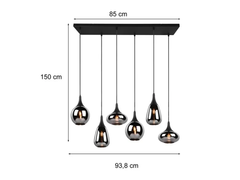 Pendelleuchte LUMINA 6 flammig Glas Chrom verspiegelt & Rauchglas Optik, B: 93cm