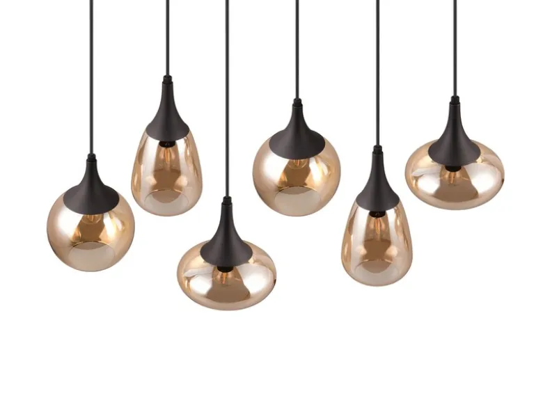 Pendelleuchte LUMINA 6-flammig, Glasschirme amberfarbig, Breite 93cm