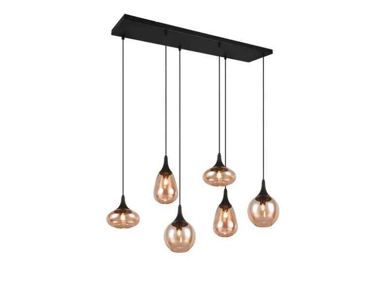 Pendelleuchte LUMINA 6-flammig, Glasschirme amberfarbig, Breite 93cm