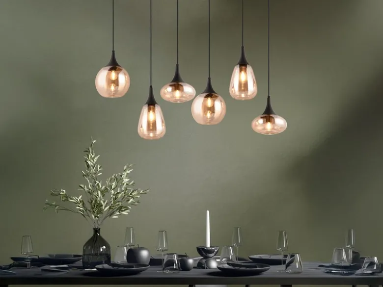 Pendelleuchte LUMINA 6-flammig, Glasschirme amberfarbig, Breite 93cm